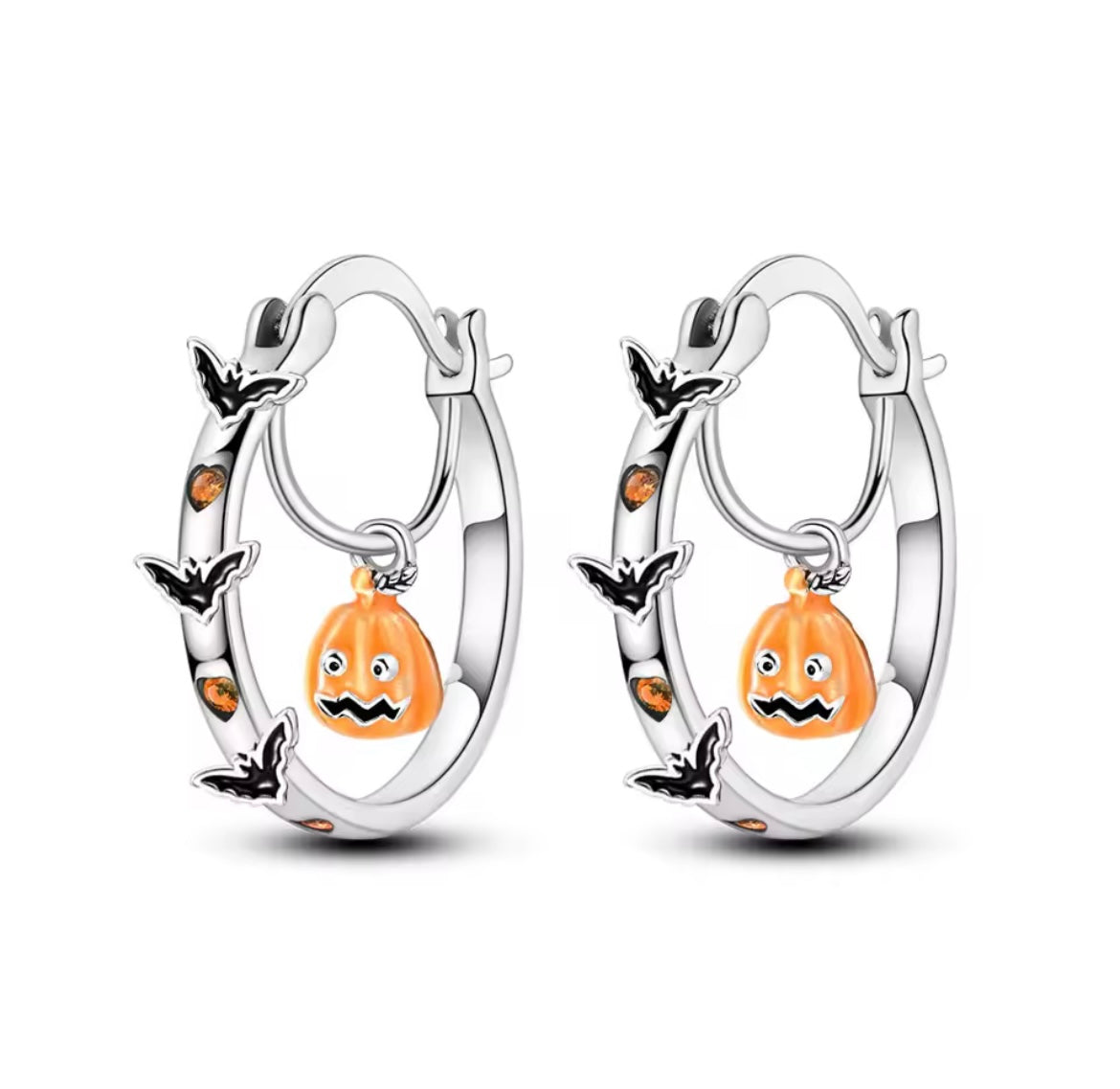 925 Silver Halloween Cute Pumpkin Bat Earrings
