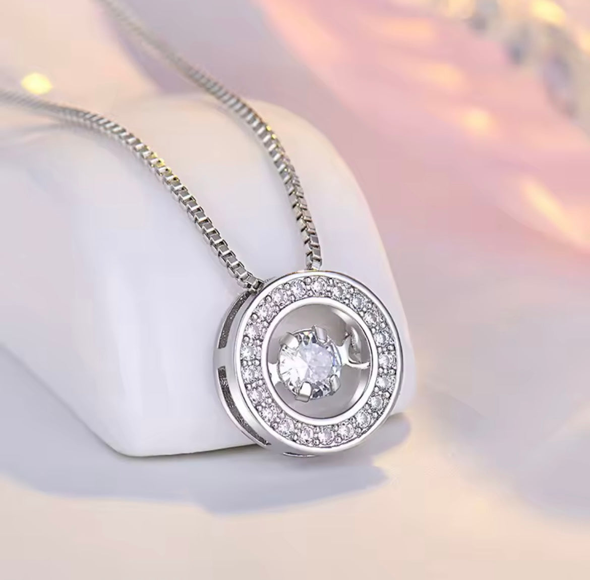 925 Sterling Silver Round Rotatable Dance Zircon Pendant Necklace.