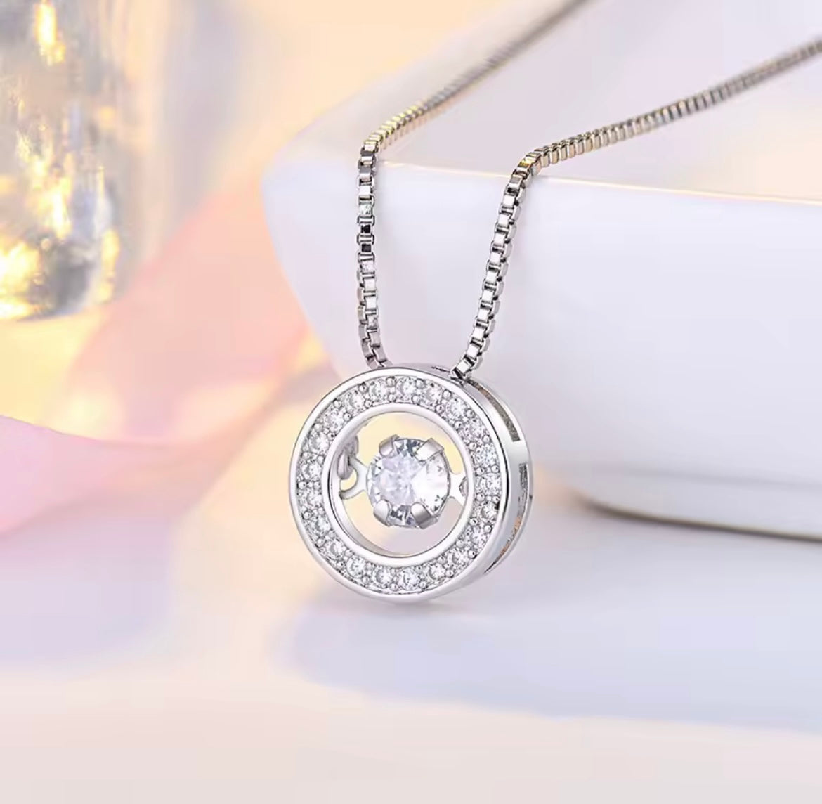 925 Sterling Silver Round Rotatable Dance Zircon Pendant Necklace.