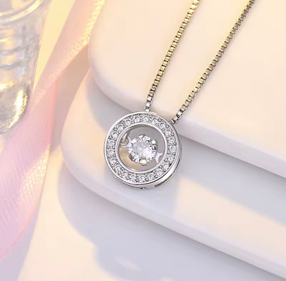 925 Sterling Silver Round Rotatable Dance Zircon Pendant Necklace.