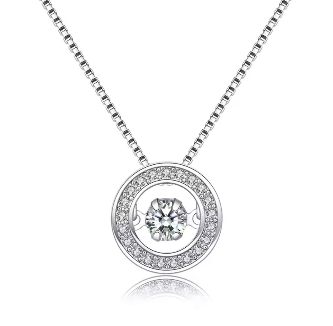 925 Sterling Silver Round Rotatable Dance Zircon Pendant Necklace.