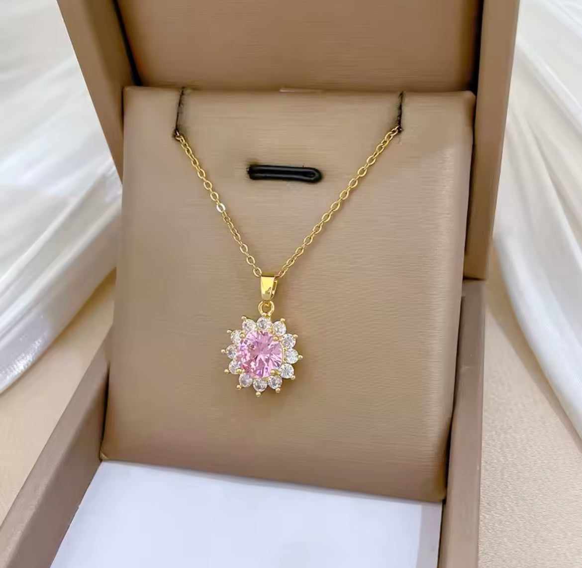 Stainless steel Pink Zircon Flower Pendant Necklaces