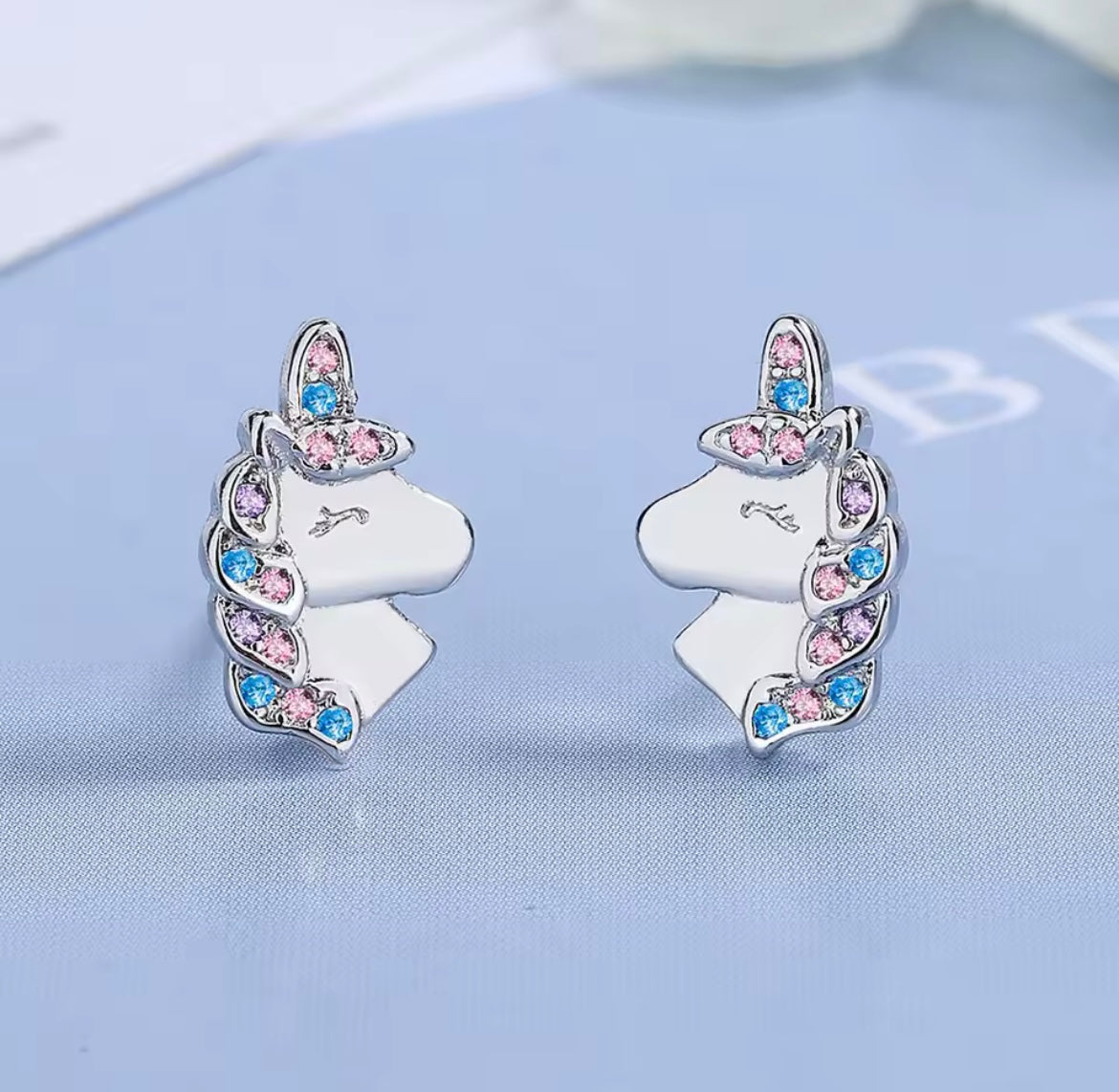 925 Sterling Silver Cute Unicorn Rainbow Stud Earrings