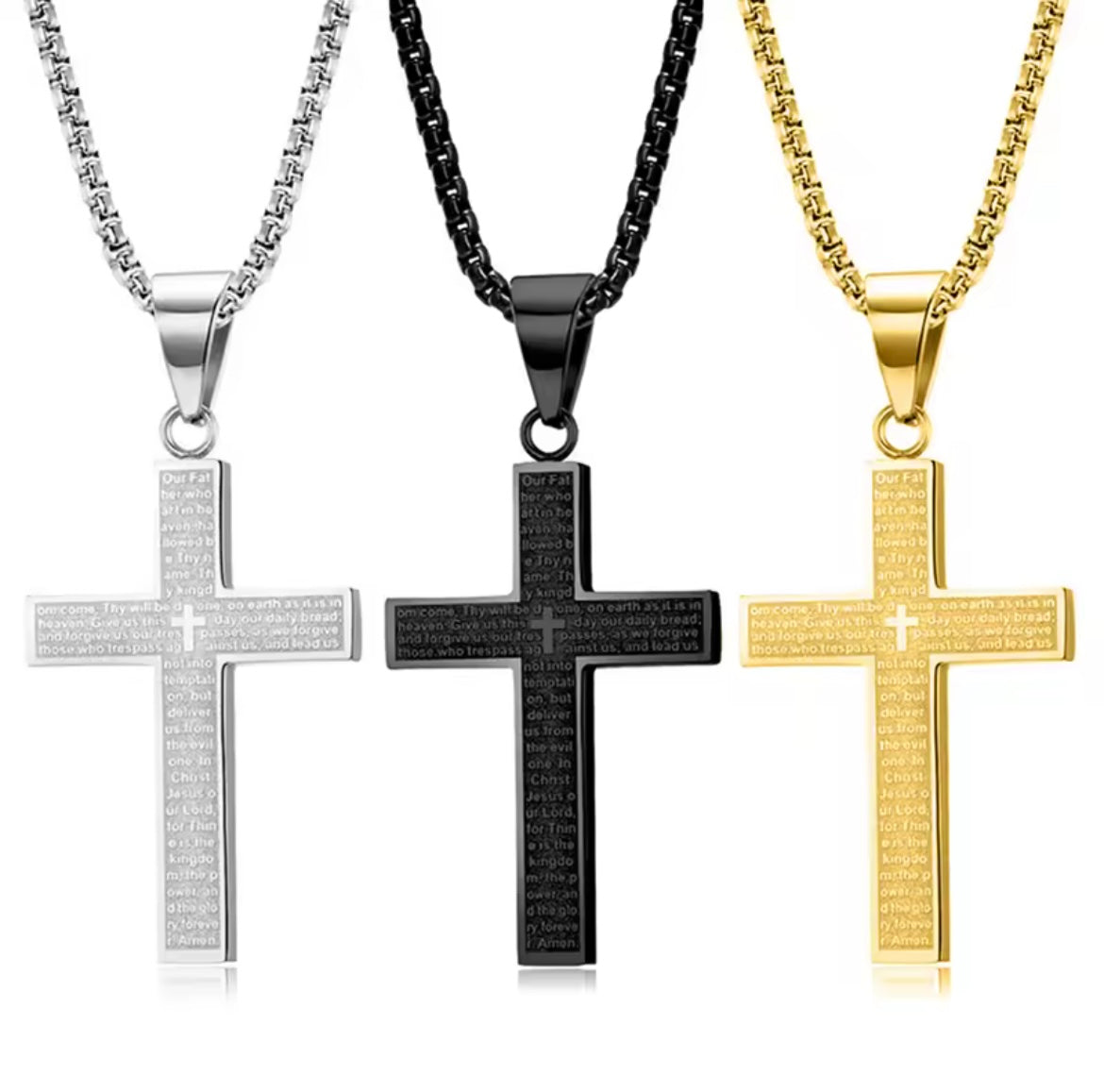 Stainless Steel The Lords Prayer Cross Pendant Necklace