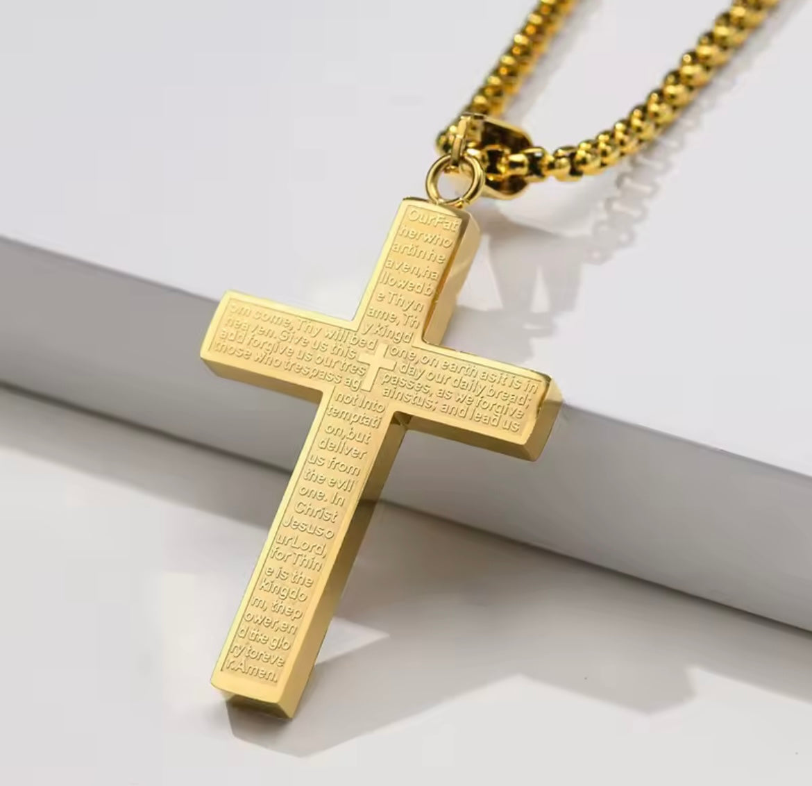 Stainless Steel The Lords Prayer Cross Pendant Necklace