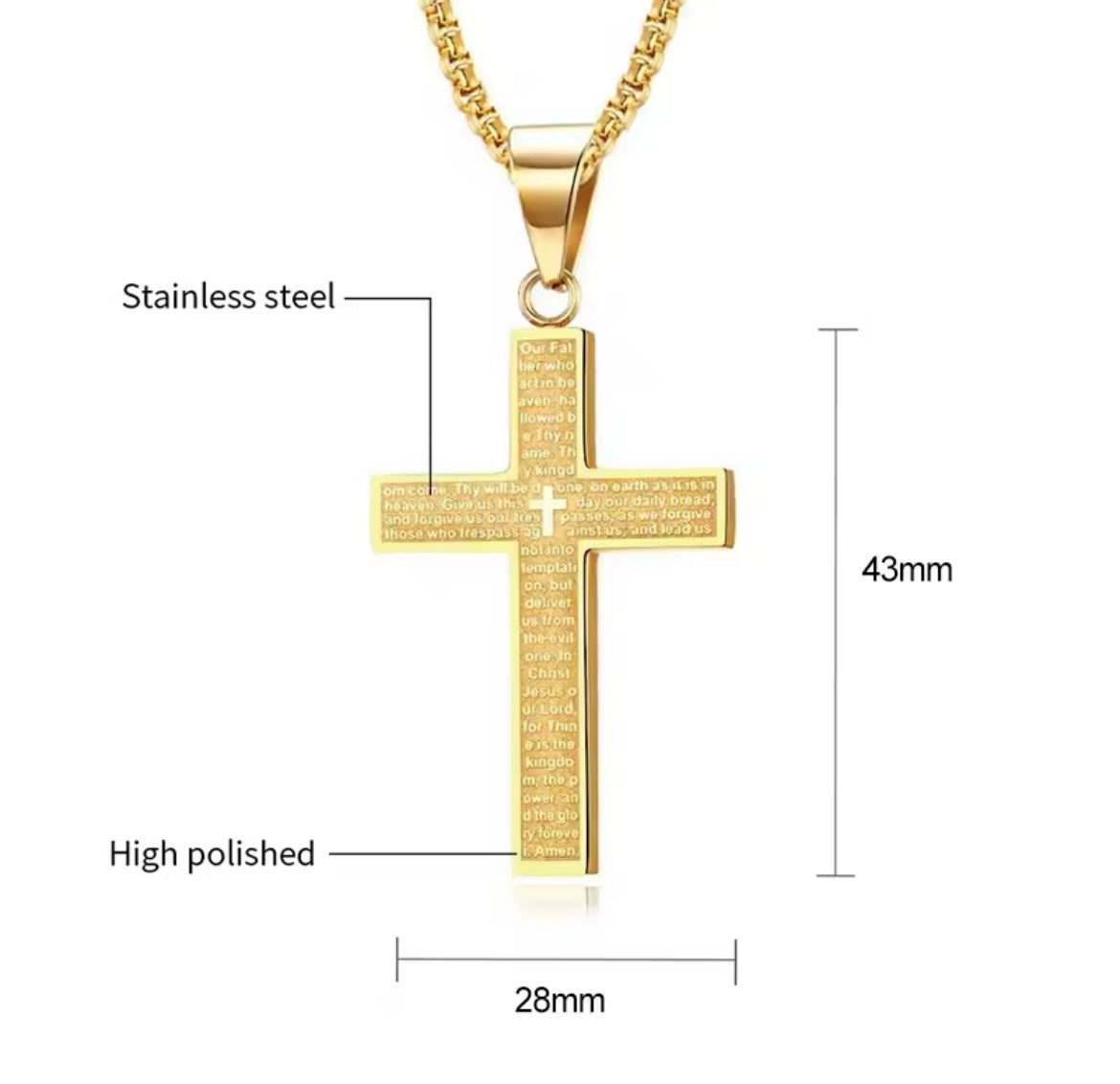 Stainless Steel The Lords Prayer Cross Pendant Necklace
