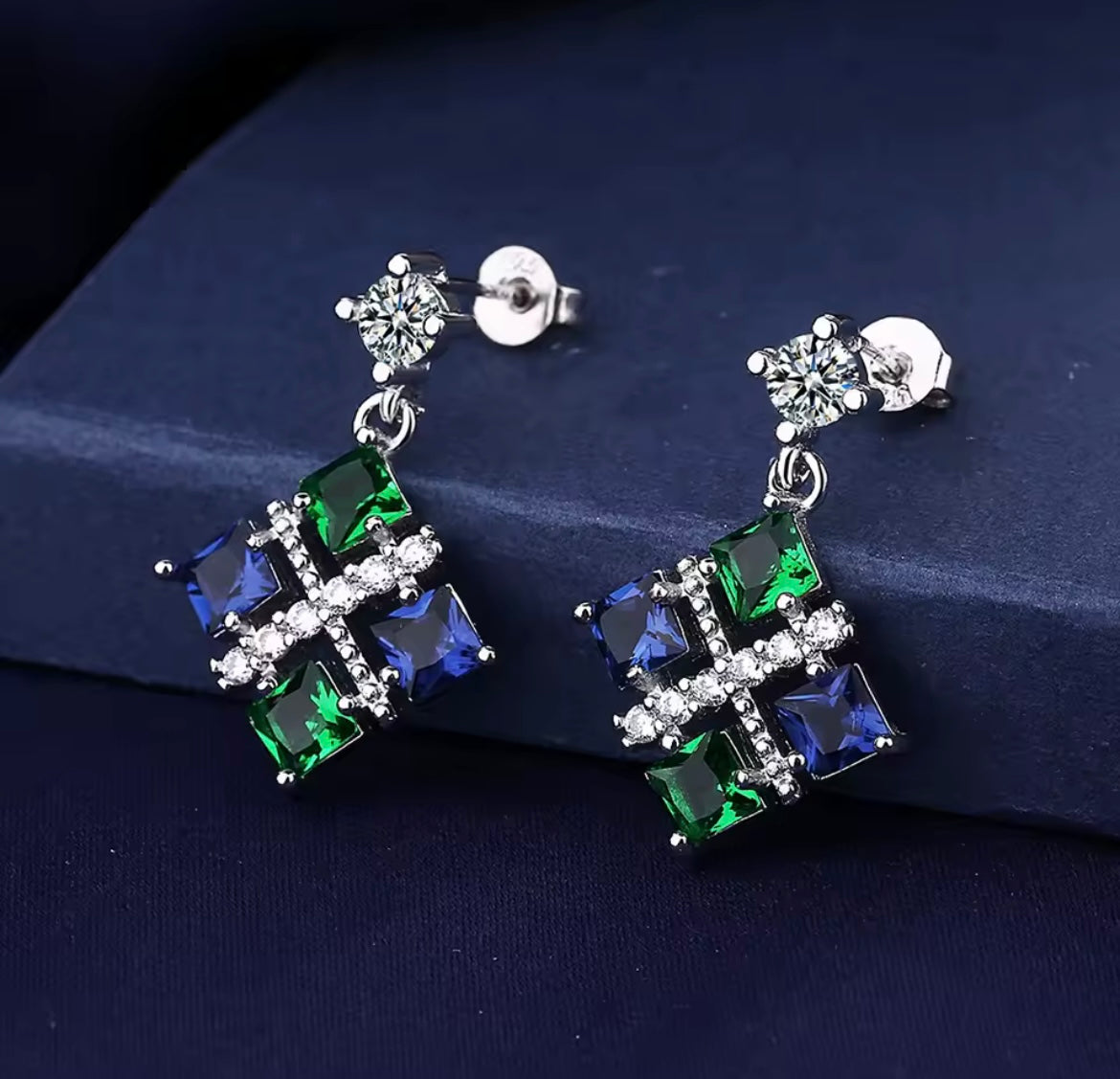 925 Sterling Silver Blue-Green Square Earrings