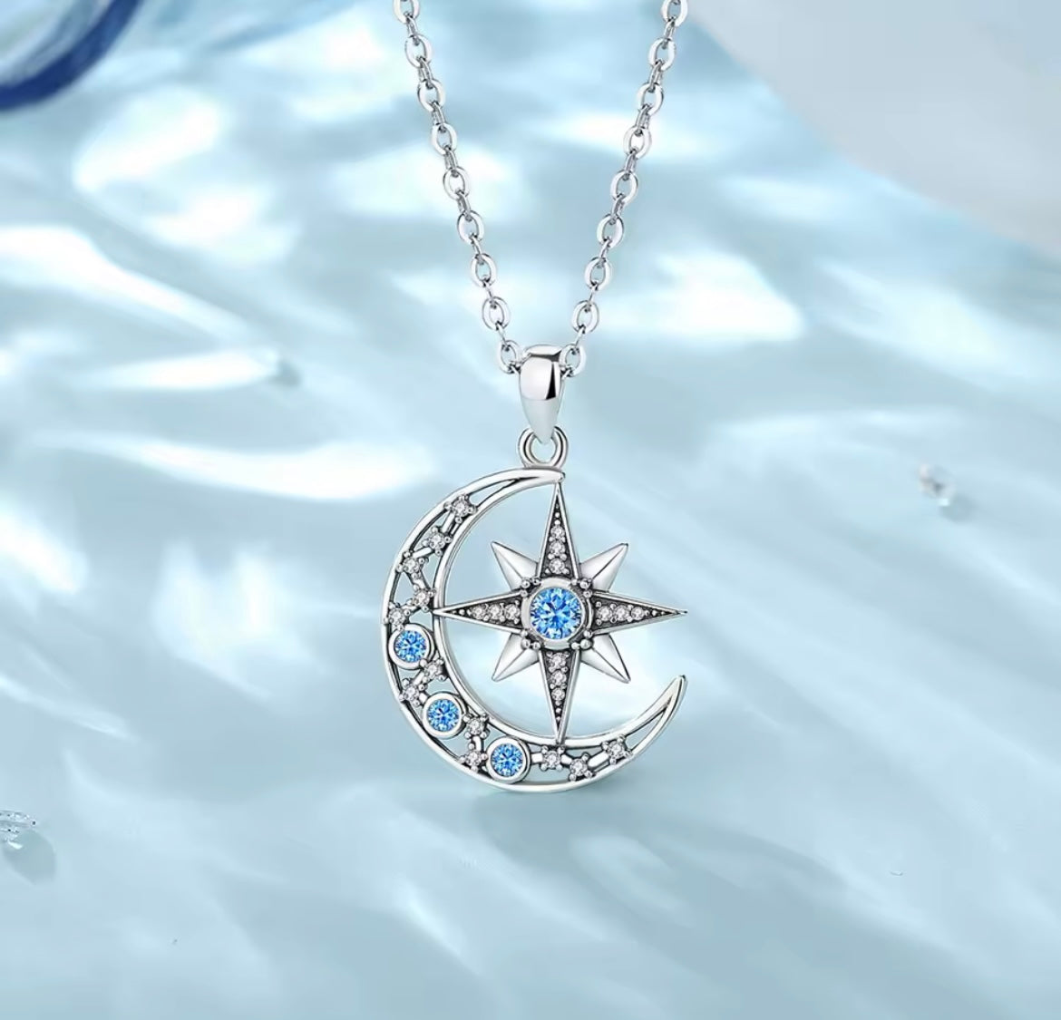 925 Sterling Silver Crescent Moon & North Star Pendant Necklace