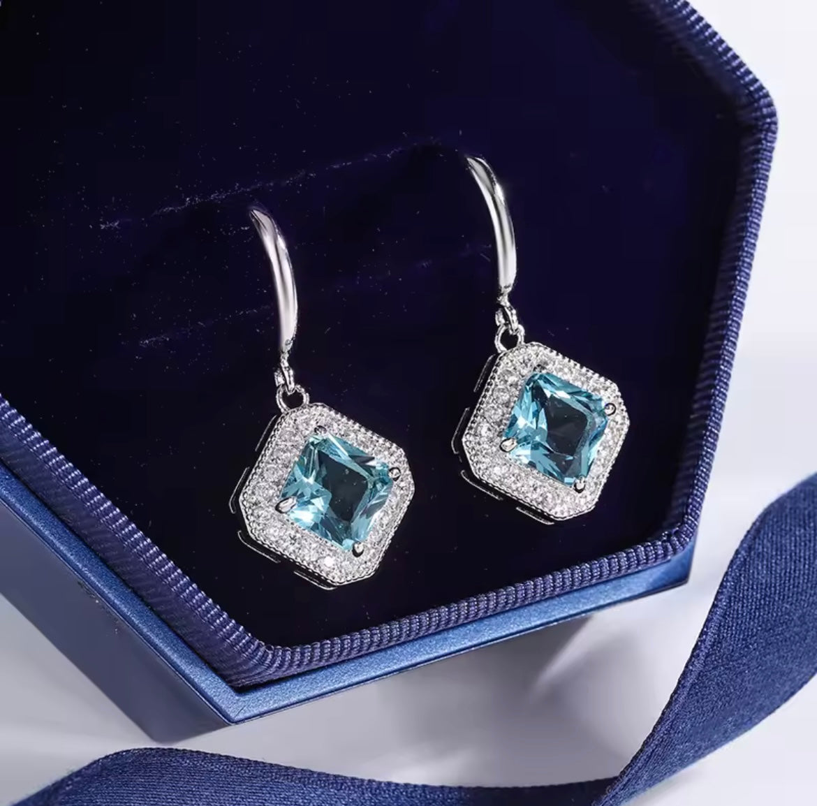 925 Sterling silver blue Square earrings