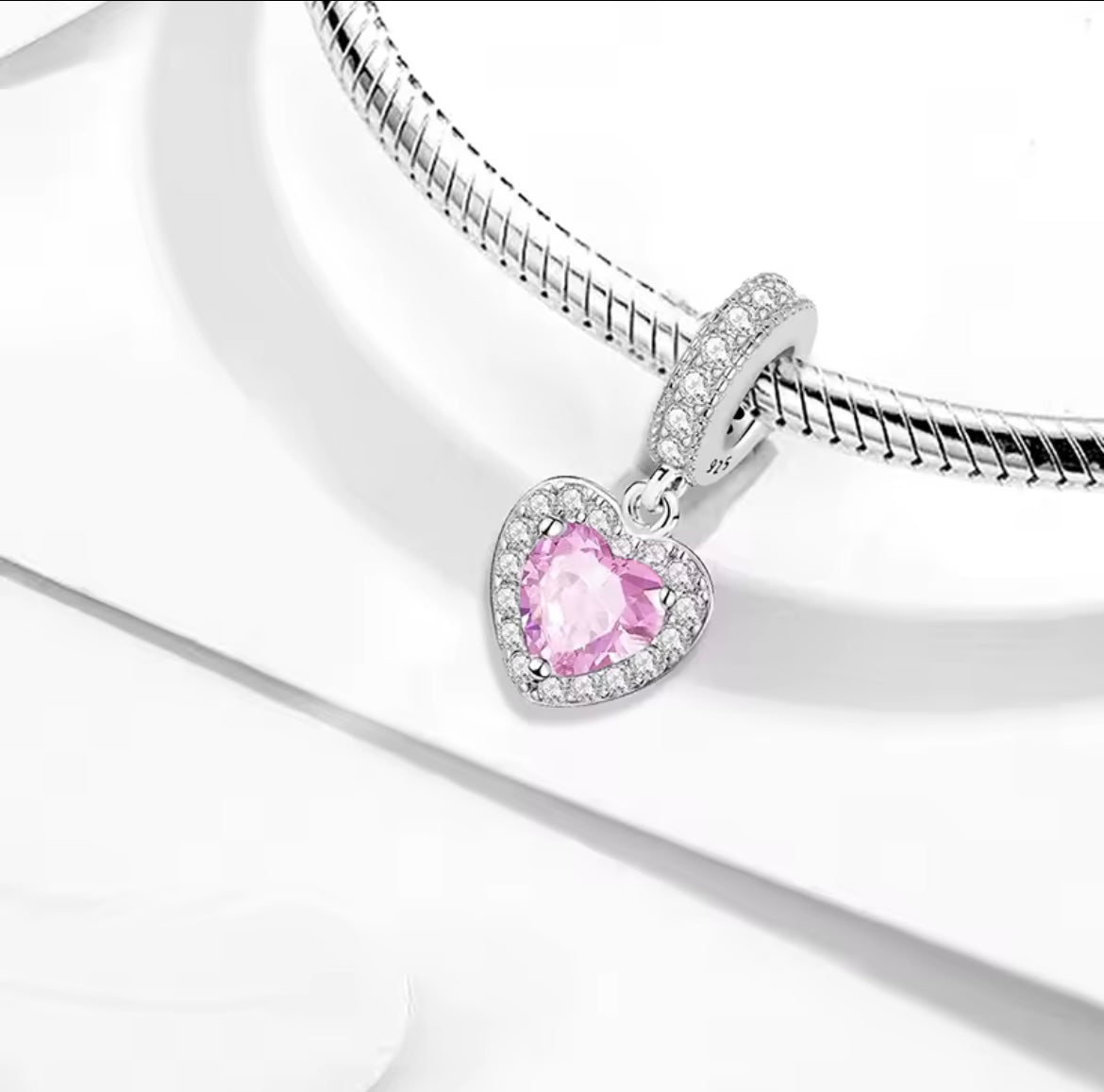 925 Sterling silver pink zircon heart charm
