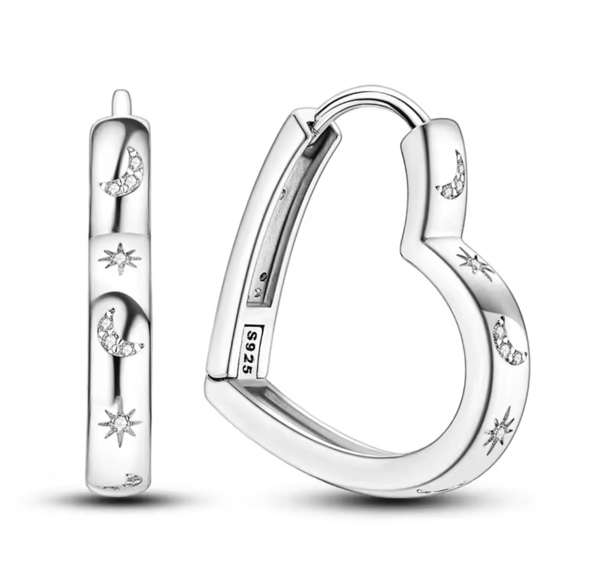 925 Sterling Silver Heart-shaped Star Moon Earrings