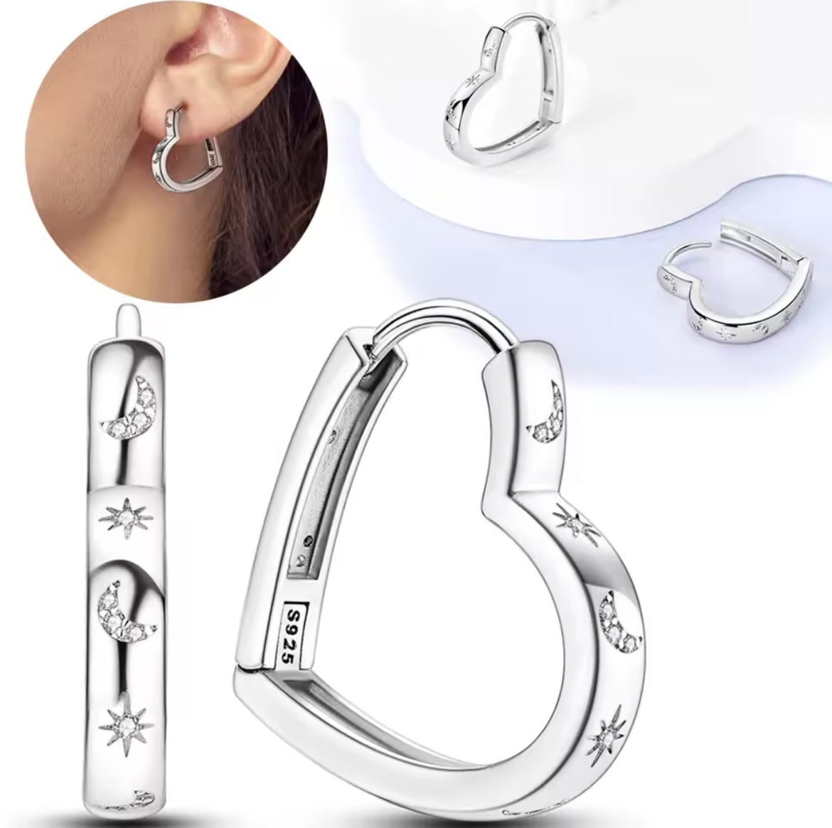 925 Sterling Silver Heart-shaped Star Moon Earrings
