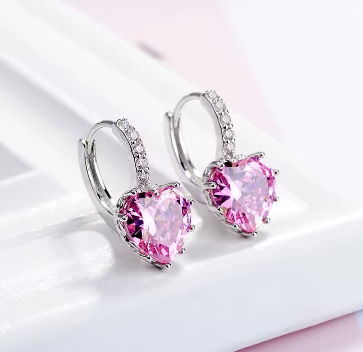 925 Sterling Silver Pink Heart Zircon earrings
