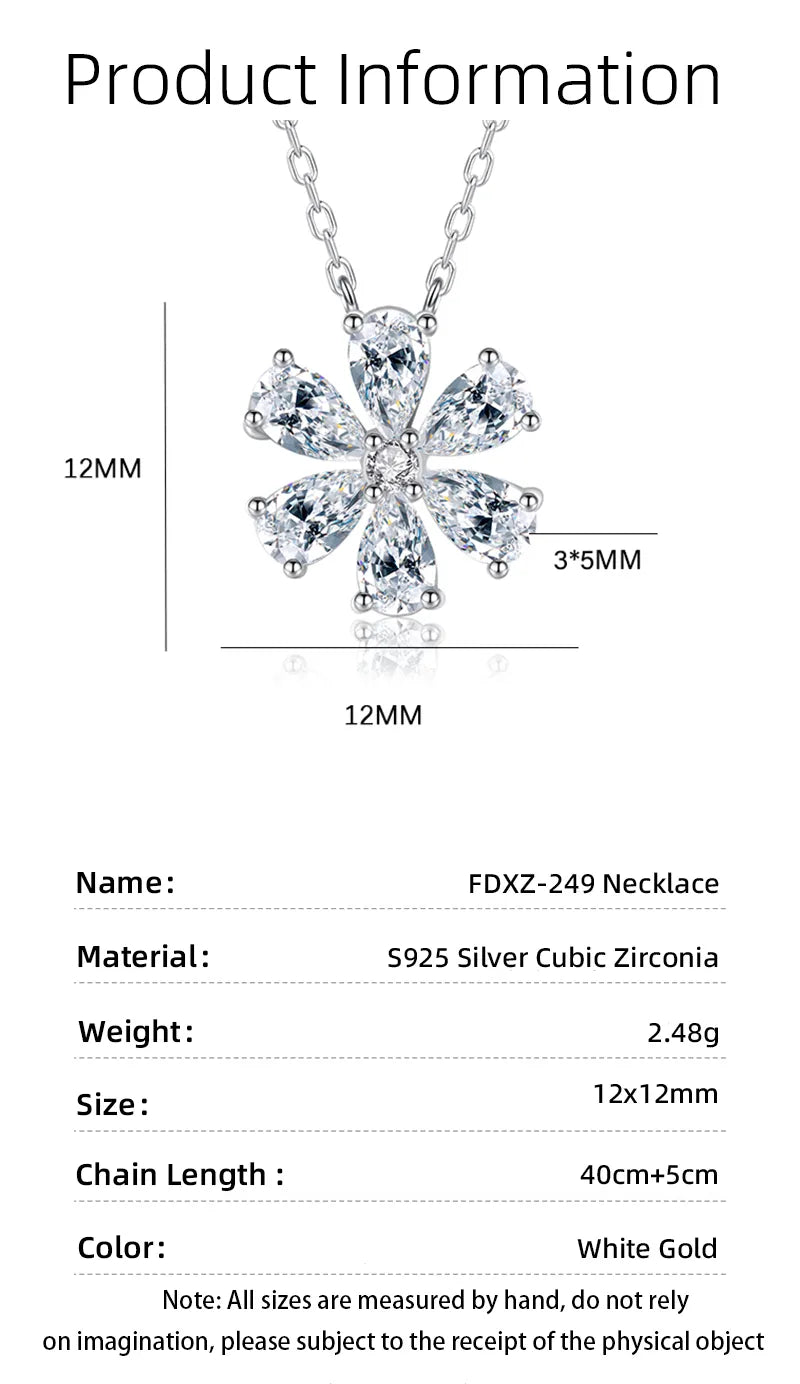 925 Sterling Silver Zircon Cable Chain Flower Pendant Necklace