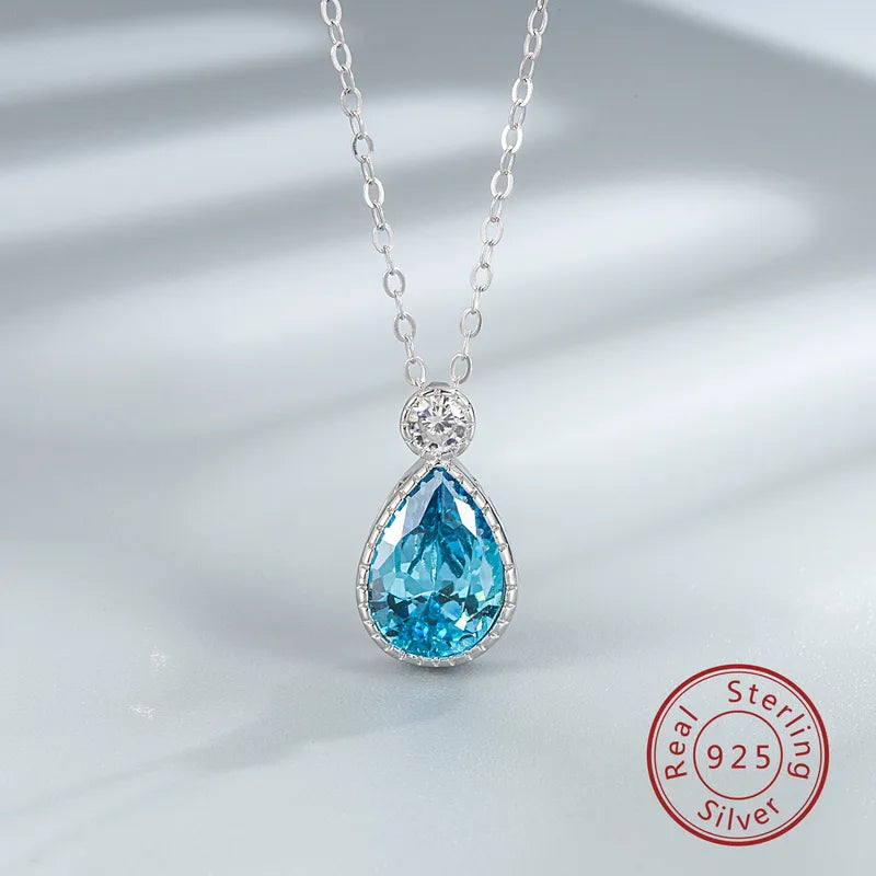 925 Sterling Silver Zircon Cable Chain Water Droplets Pendant Necklace