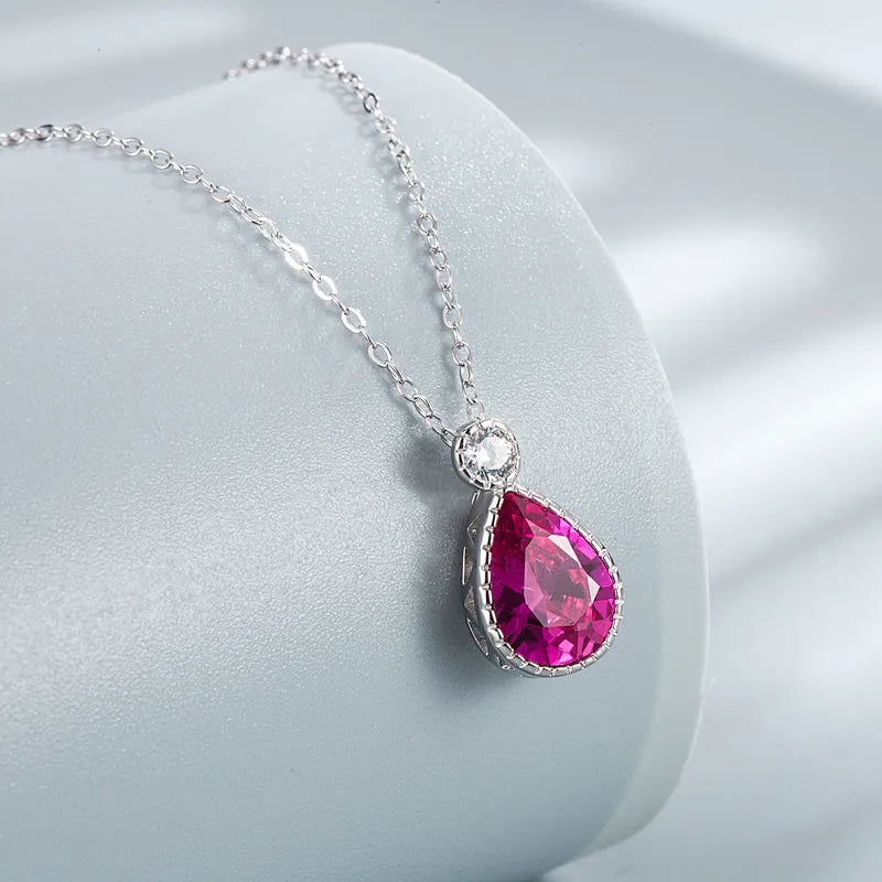925 Sterling Silver Zircon Cable Chain Water Droplets Pendant Necklace