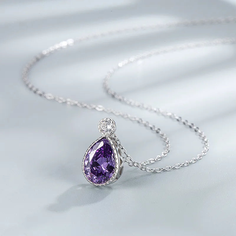 925 Sterling Silver Zircon Cable Chain Water Droplets Pendant Necklace
