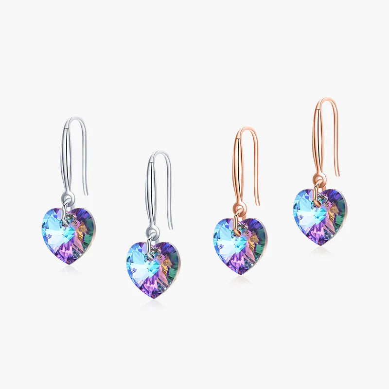 925 Sterling Silver Heart Shape Crystal Drop Earrings