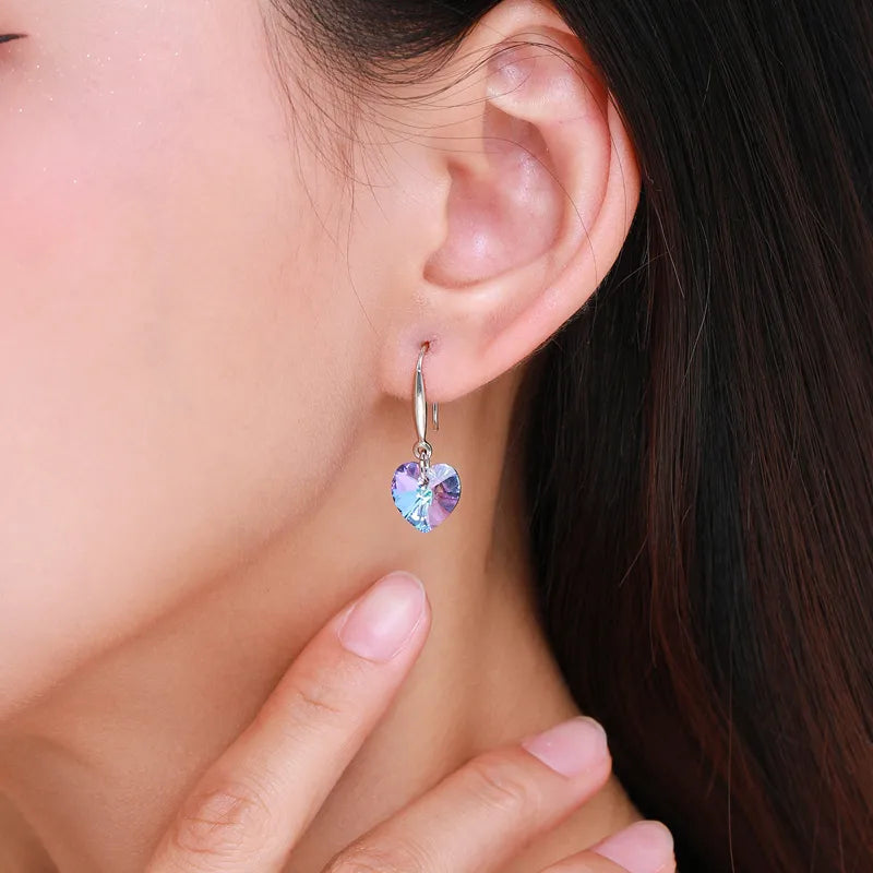 925 Sterling Silver Heart Shape Crystal Drop Earrings