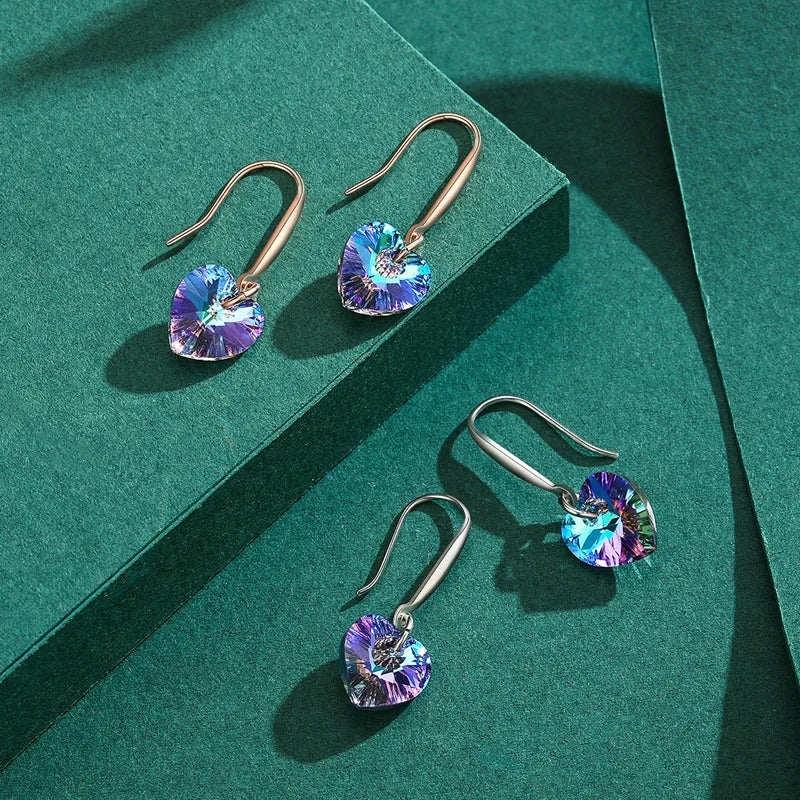 925 Sterling Silver Heart Shape Crystal Drop Earrings