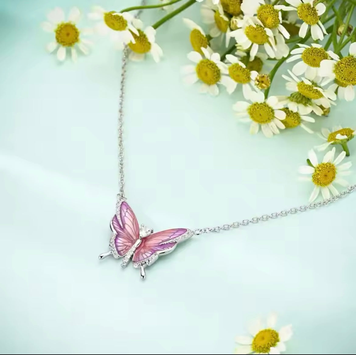925 Sterling Silver Pink Butterfly Necklace