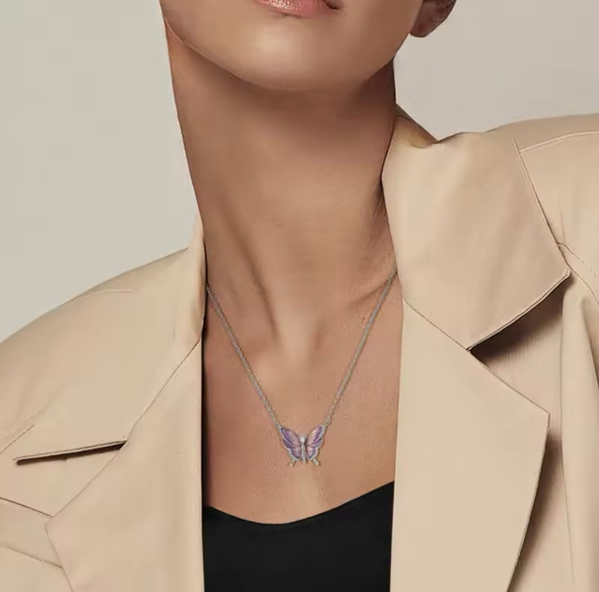 925 Sterling Silver Pink Butterfly Necklace