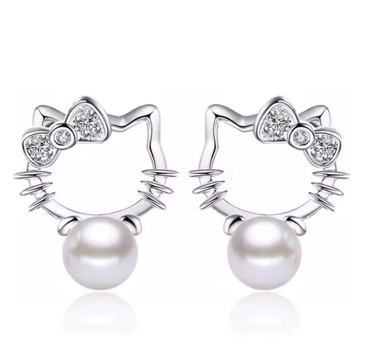 Real 925 Sterling Silver Hello kitty Bowknot Pearl Jewelry Set