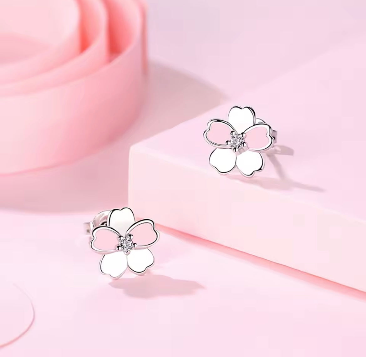 925 Sterling silver pink & white flower stud earrings