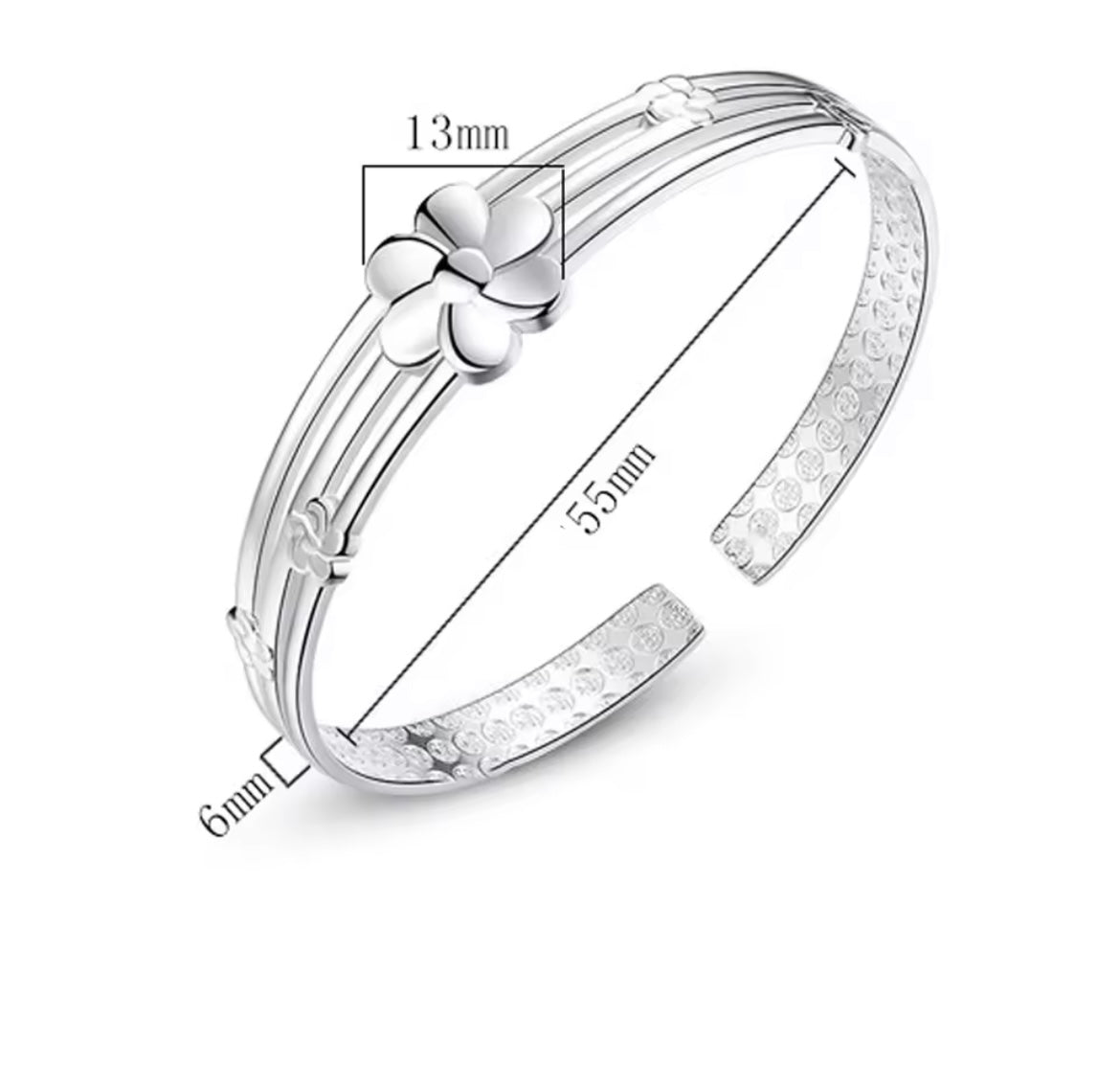 925 Sterling Silver Flower Open Bangle Bracelet