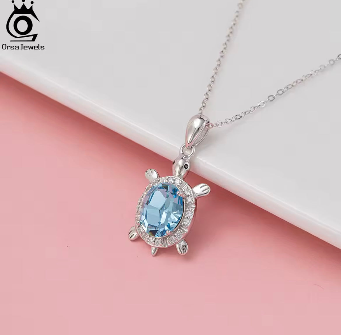 925 Sterling Silver Blue Crystal Turtle Pendant Necklace