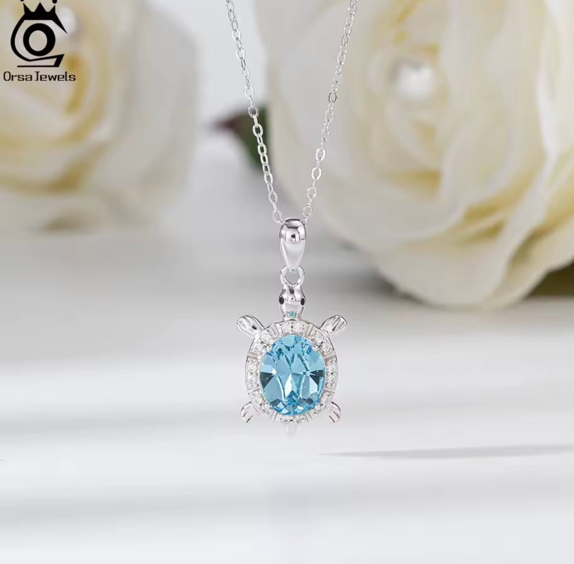 925 Sterling Silver Blue Crystal Turtle Pendant Necklace