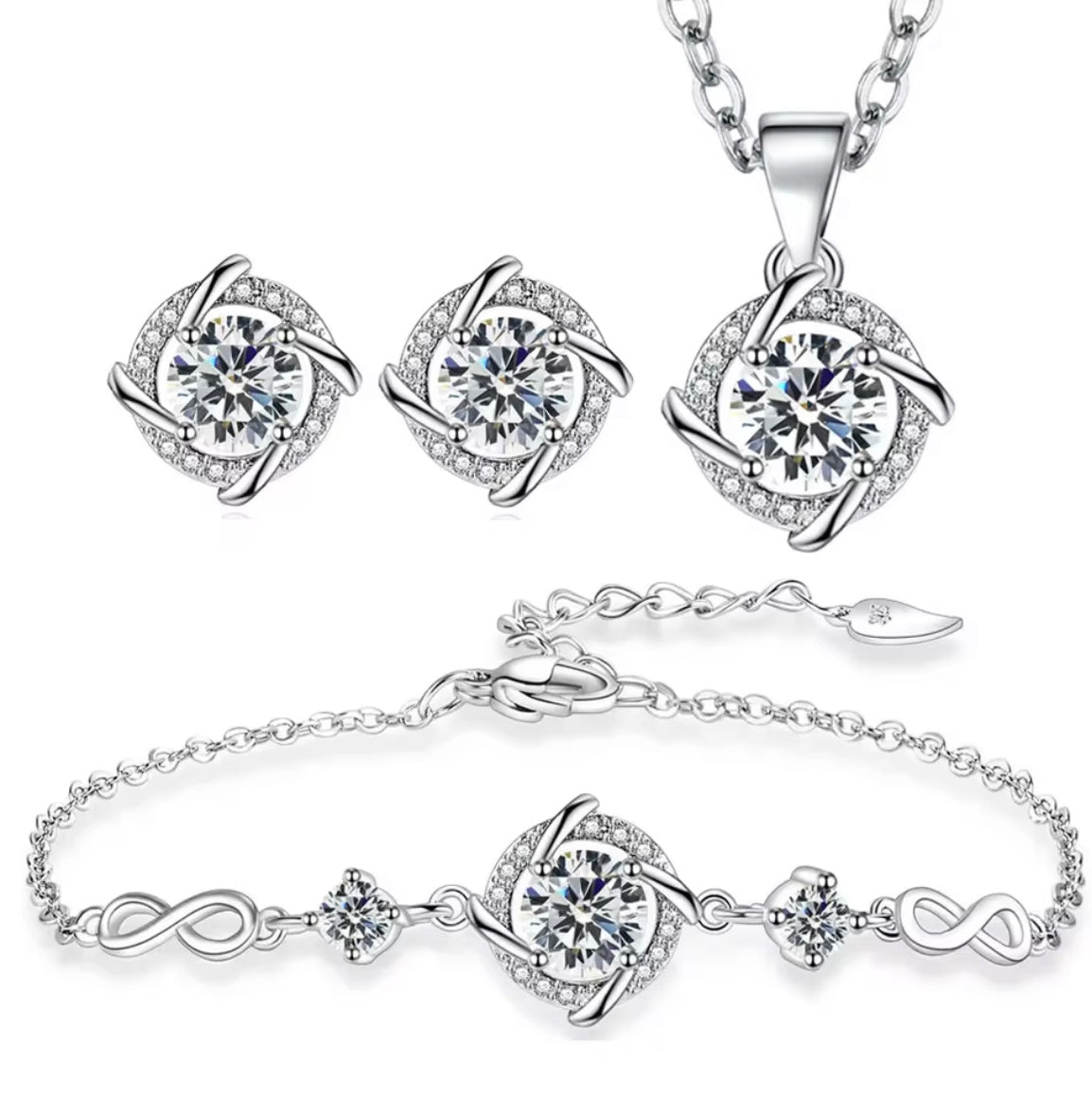 925 Sterling Silver Stud Earrings Crystal Clover Link Bracelets Necklace Jewelry