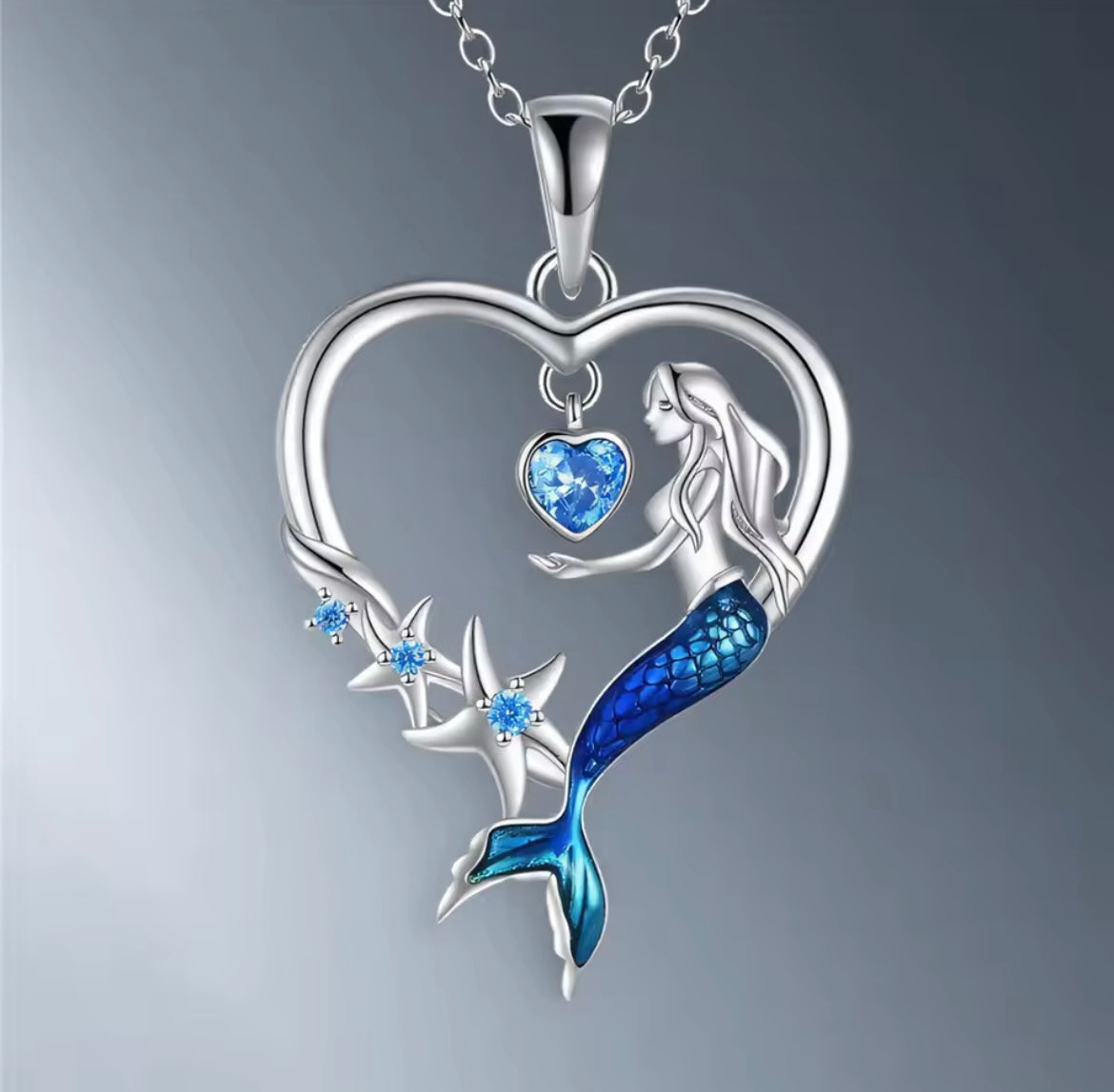 Crystal Blue Zircon Stone Heart Mermaid Pendant Necklace