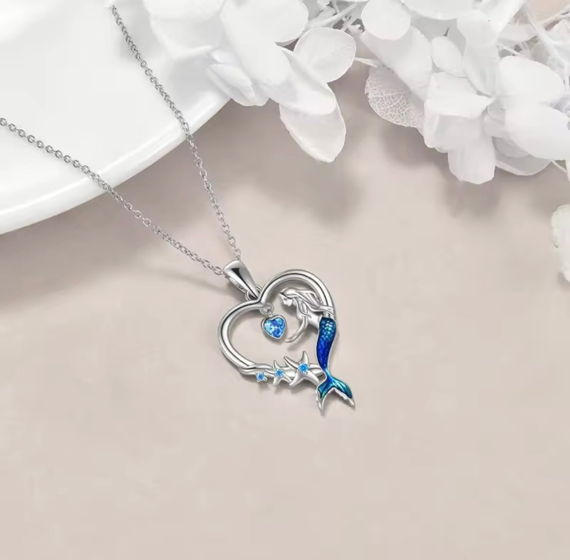 Crystal Blue Zircon Stone Heart Mermaid Pendant Necklace