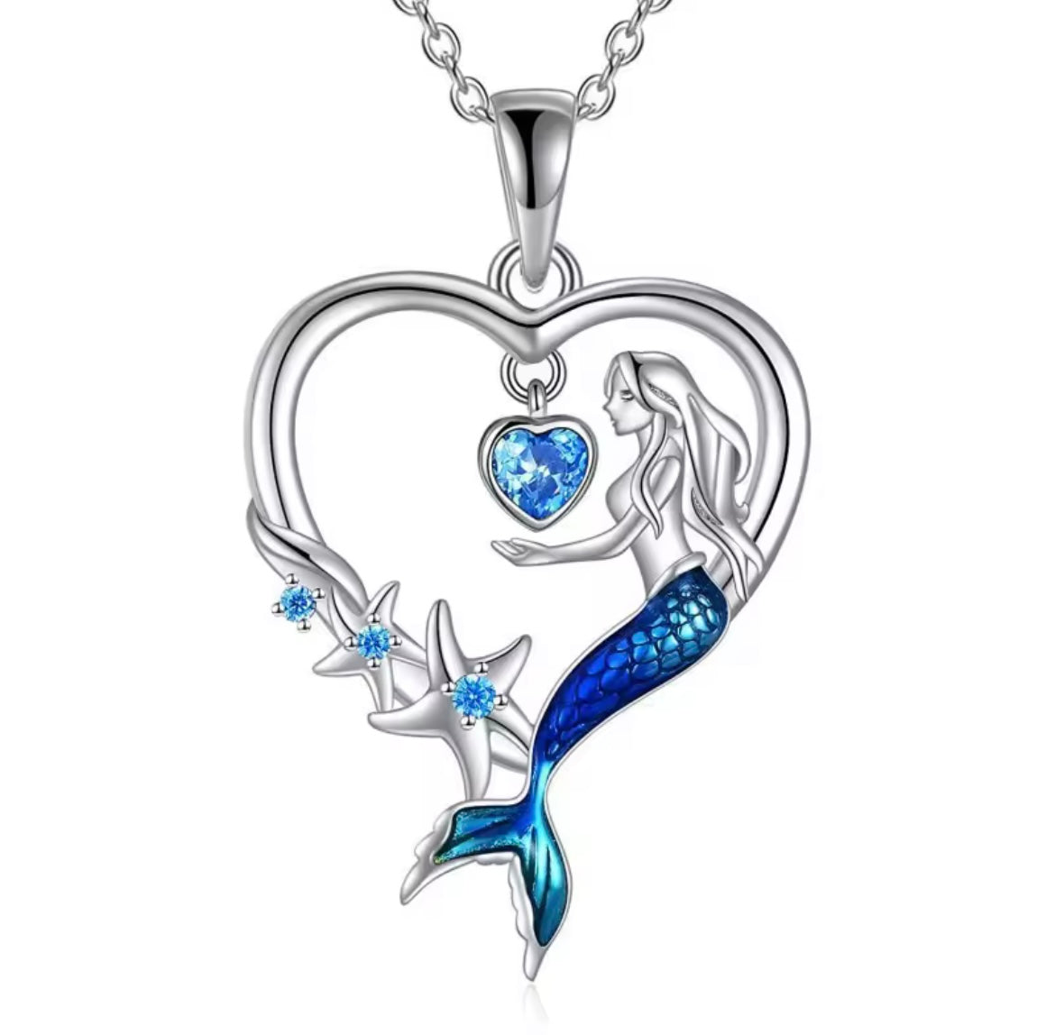 Crystal Blue Zircon Stone Heart Mermaid Pendant Necklace