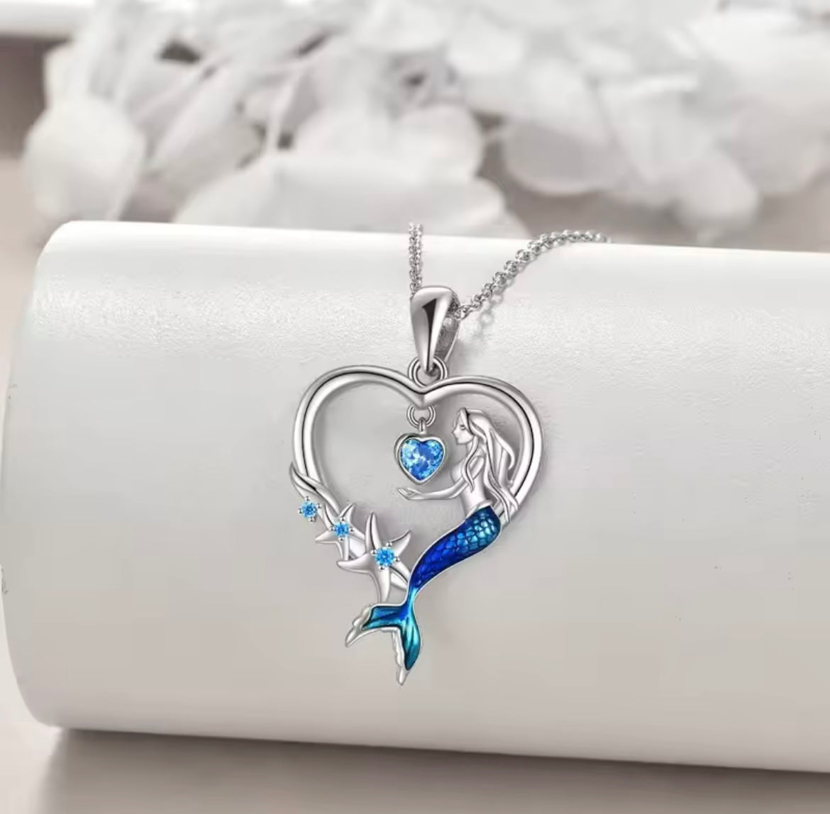 Crystal Blue Zircon Stone Heart Mermaid Pendant Necklace