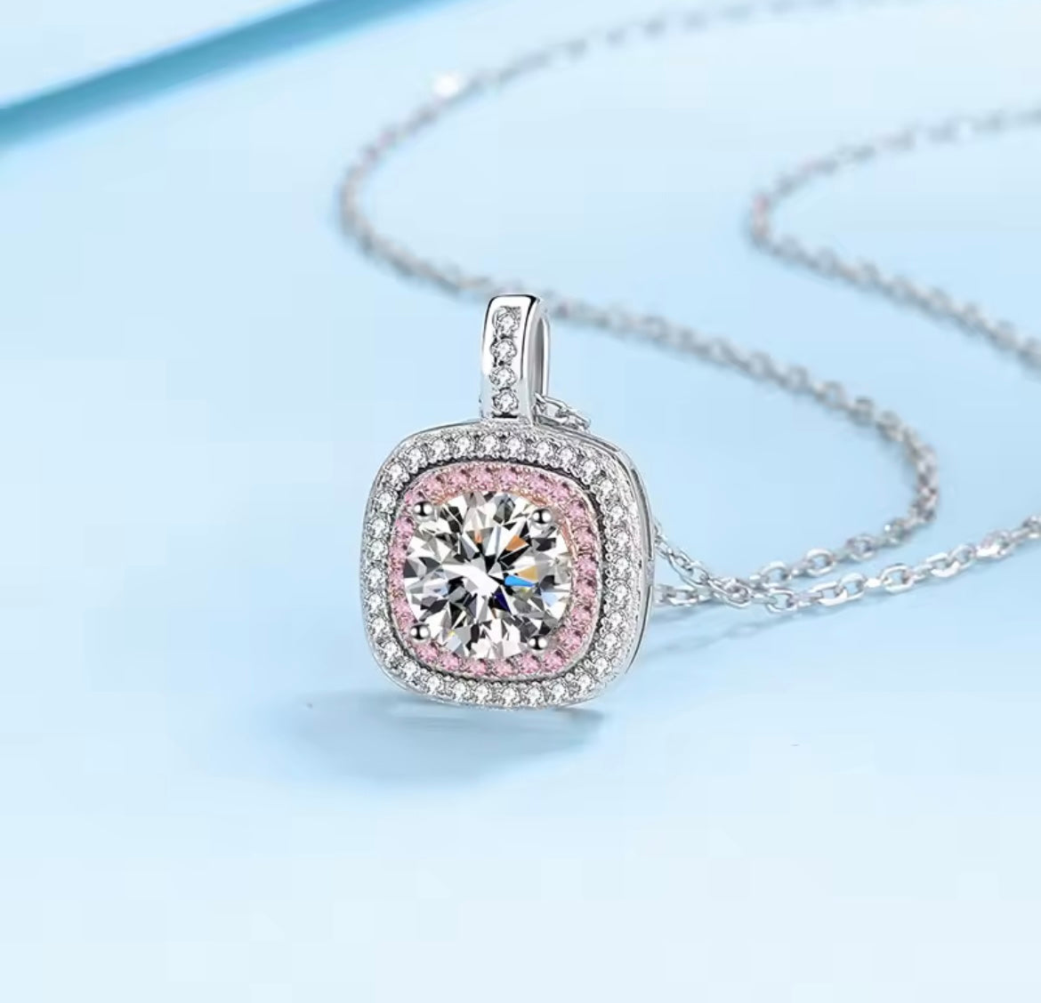 925 Sterling silver Moissanite pink square necklace