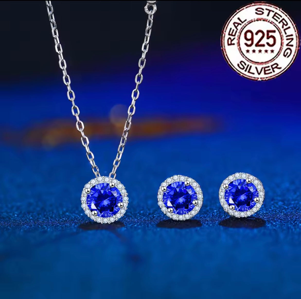 Silver 925 Trendy Dark Bule CZ Zircon Round Stud Earrings Necklace Sets