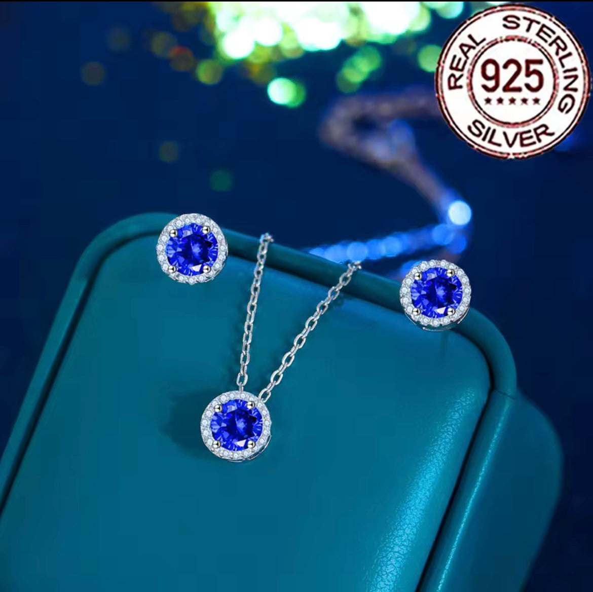 Silver 925 Trendy Dark Bule CZ Zircon Round Stud Earrings Necklace Sets