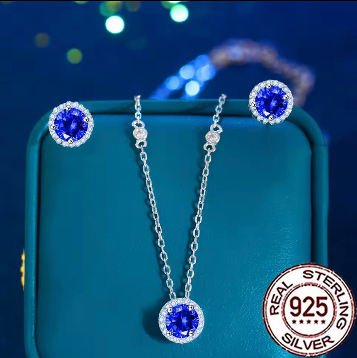 Silver 925 Trendy Dark Bule CZ Zircon Round Stud Earrings Necklace Sets