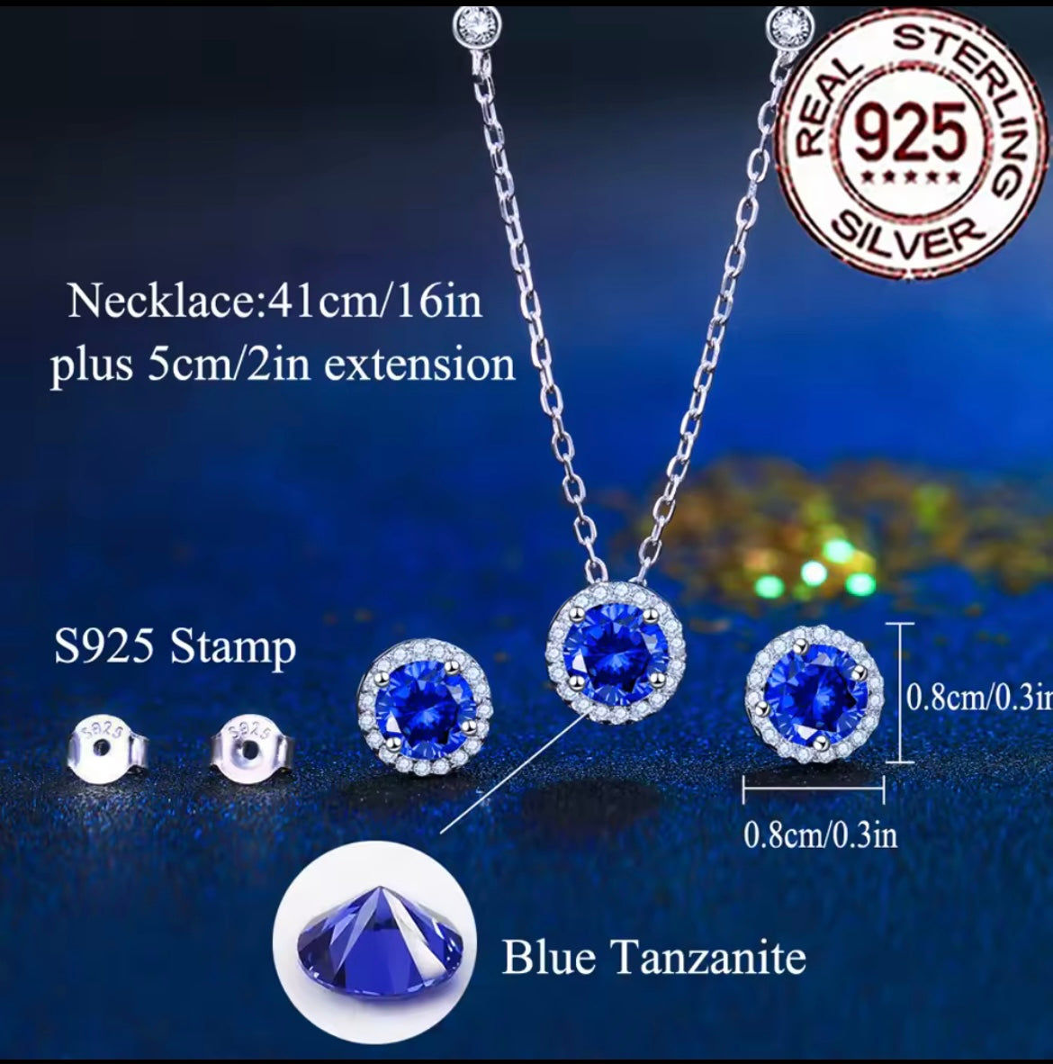 Silver 925 Trendy Dark Bule CZ Zircon Round Stud Earrings Necklace Sets