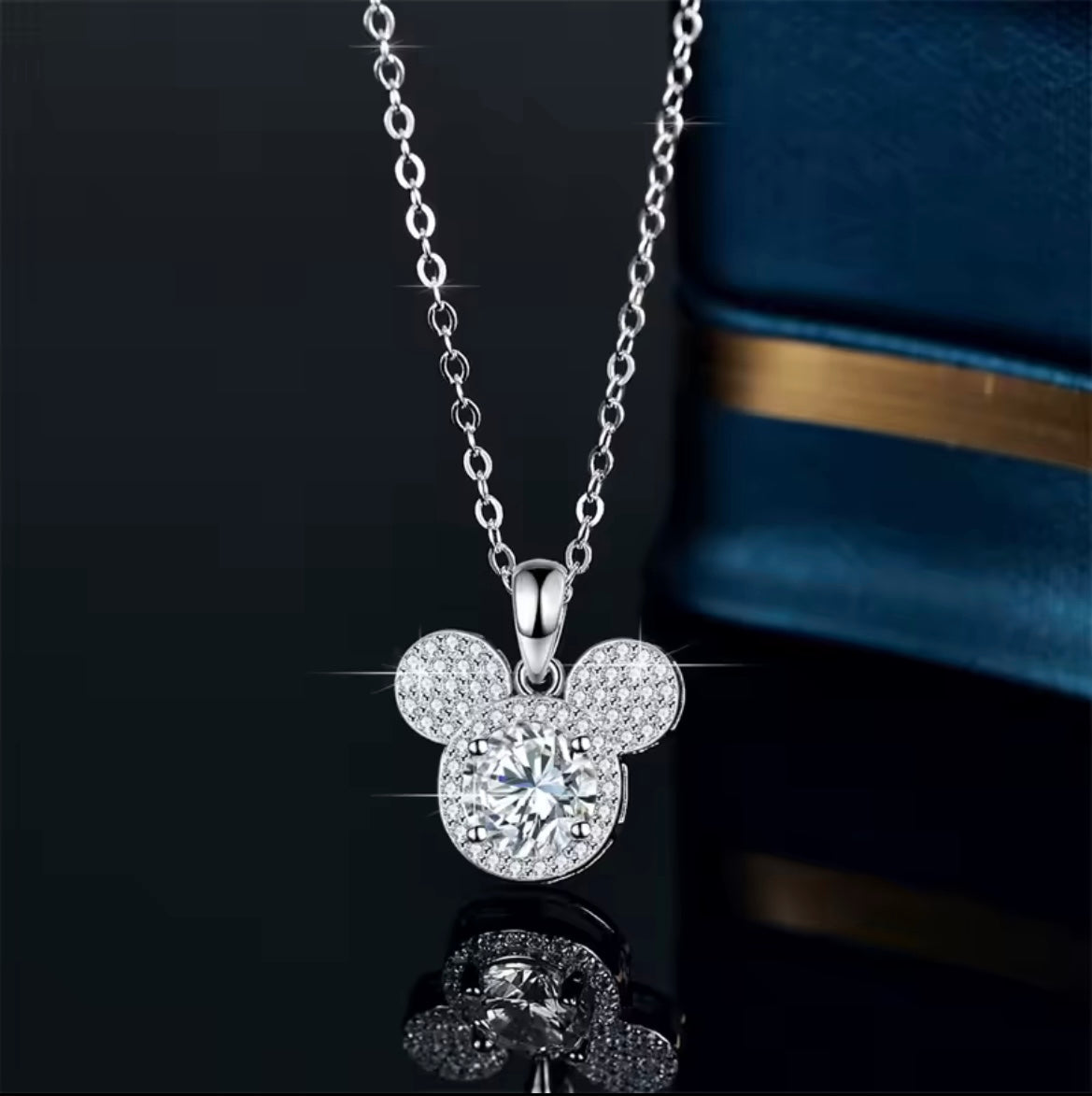 925 Sterling Silver White Zircon Mickey Pendant Necklace