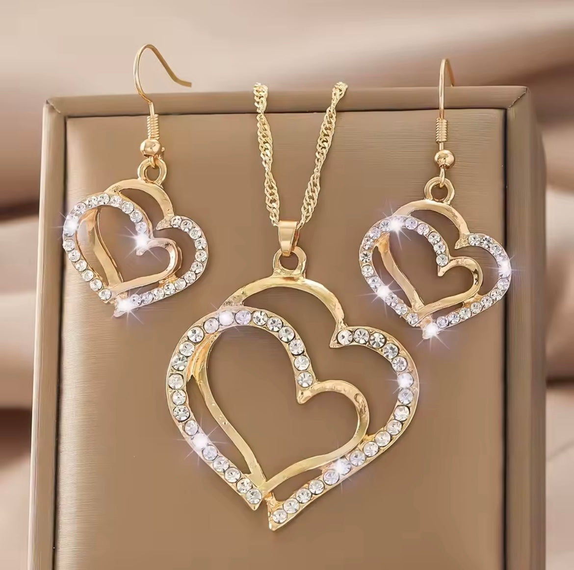 Sparkling Rhinestone Double-layer Hollow Heart-shaped Pendant Necklace & Earrings