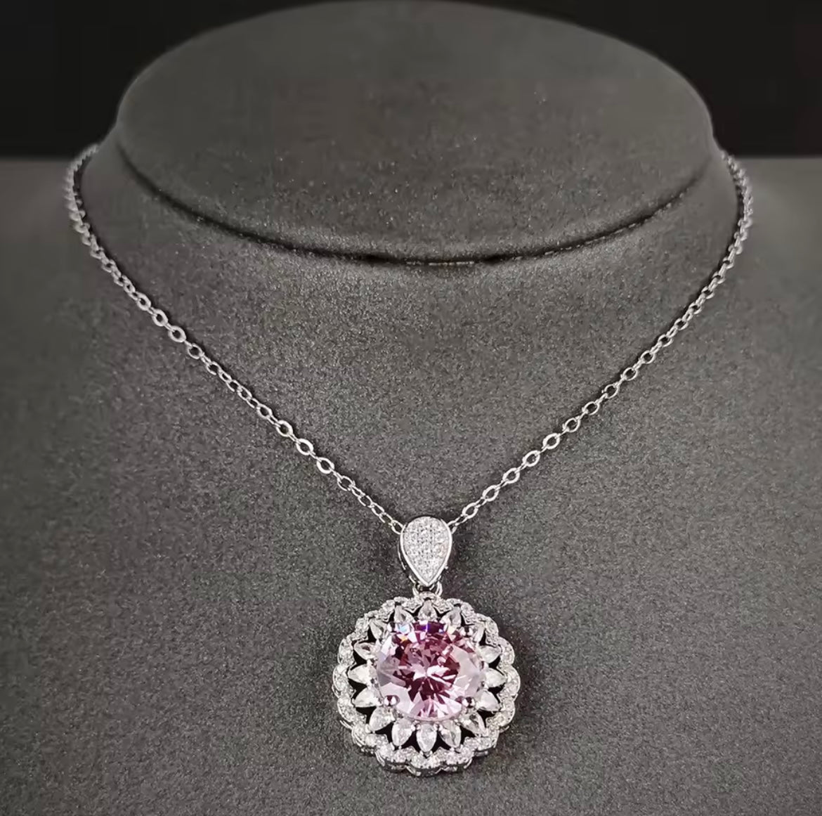 Luxury Halo Silver Colour Pink Necklace