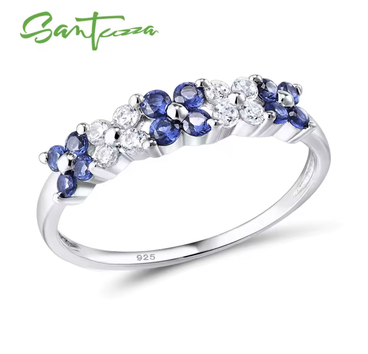 925 Sterling Silver Created Ruby Green Spinel Blue Cubic Zirconia Elegant Flowers ring