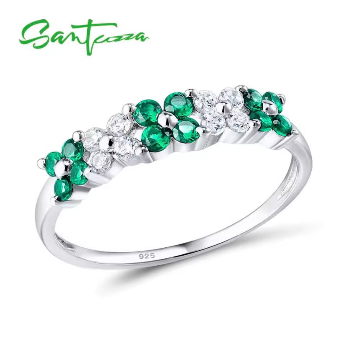 925 Sterling Silver Created Ruby Green Spinel Blue Cubic Zirconia Elegant Flowers ring