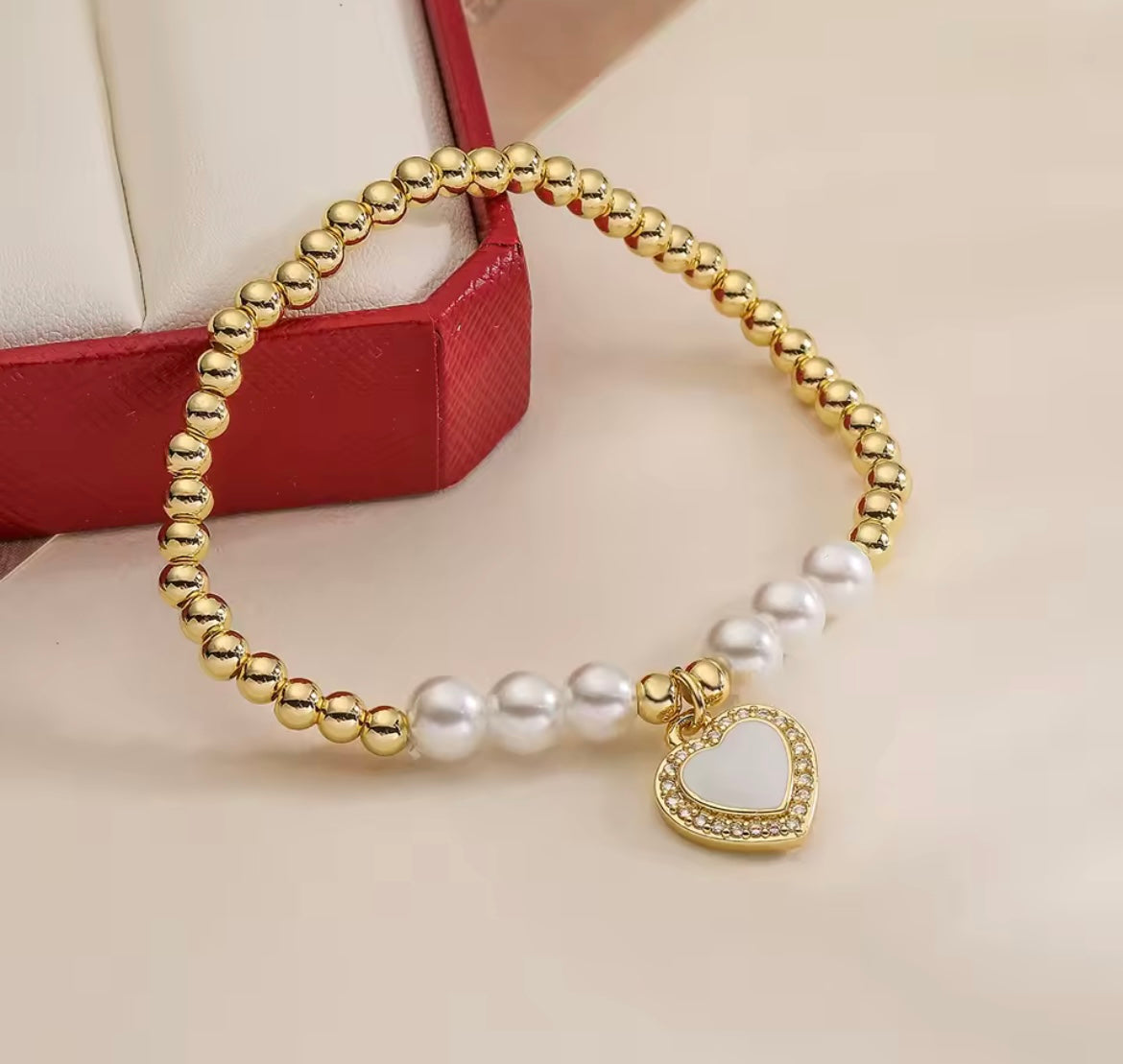 Gold Color Beads Pearl Chain Bracelet Adjustable White