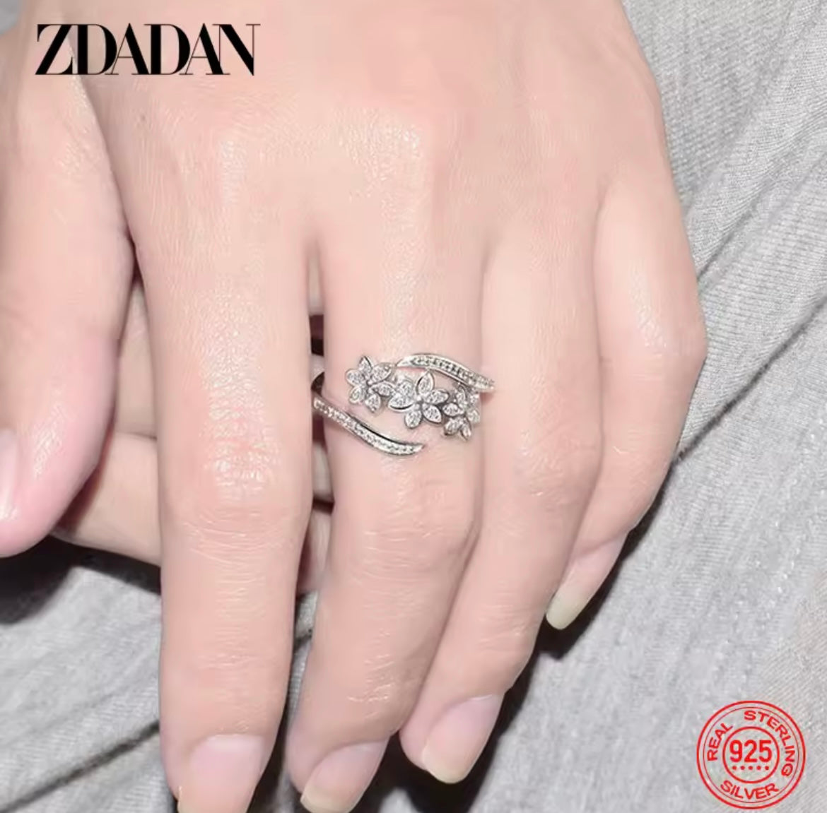 925 Sterling Silver Fashion Adjustable Open CZ Flowers Ring