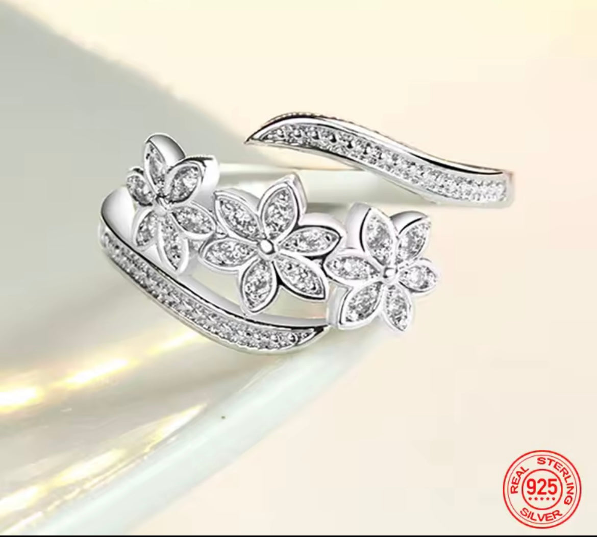 925 Sterling Silver Fashion Adjustable Open CZ Flowers Ring