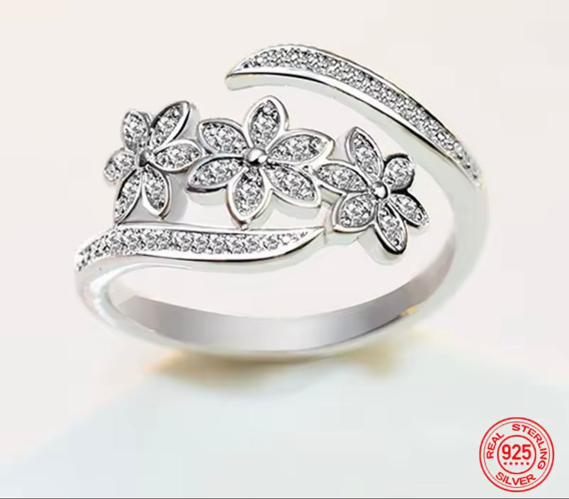 925 Sterling Silver Fashion Adjustable Open CZ Flowers Ring